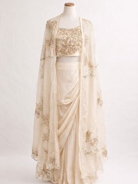 Anamika Khanna Ivory Silk Embellished Lehenga Set with Jacket - New